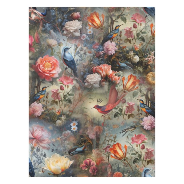 Nappe Art surréaliste avec fleurs et oiseaux (Devant)