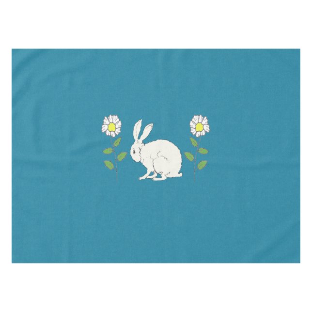Nappe Assis lapin blanc entre les marguerites sur bleu f (Devant (Horizontal))