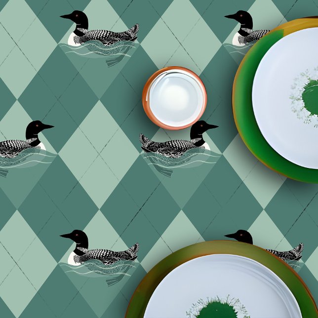 Nappe Baignade Loon Birds Green Jacquard Lake Décor Cabi (Lake cabin Loon pattern green argyle tablecloth)