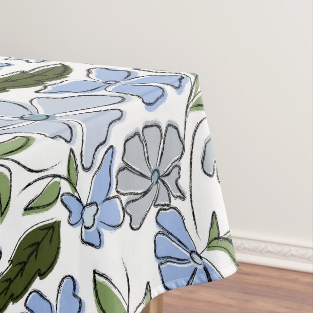 Nappe Bleu et vert main tiré bloc floral Imprimer (In Situ)