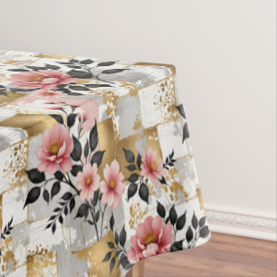 Nappe Bouquets de fleurs roses sur Carrés d'or et de bla