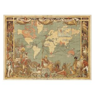 Nappe Carte du monde Antique 1886 Illustré