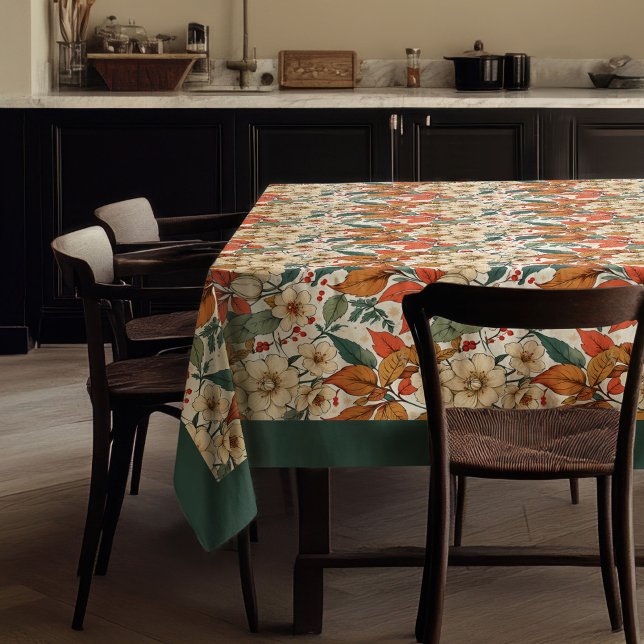 Nappe Charmant automne en terre cuite fleurs blanches ve (Charming fall terracotta white flowers dusty green tablecloth)
