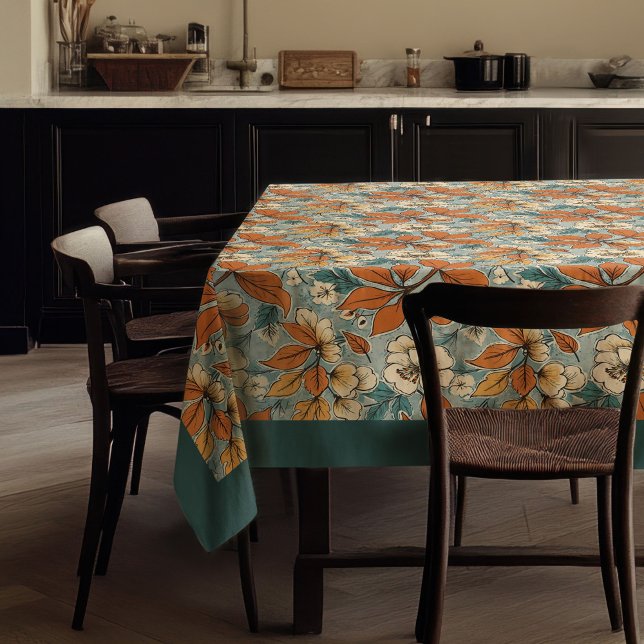 Nappe Charmante automne terre cuite fleurs d'ivoire bleu (Charming autumn terracotta ivory flowers blue tablecloth)
