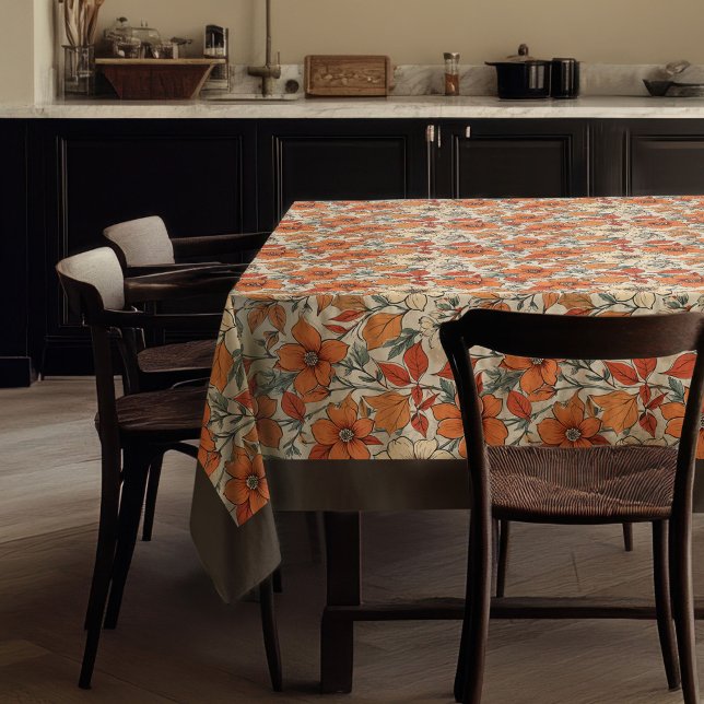 Nappe Charme automne terre cuite fleurs blanches brune (Charming autumn terracotta white flowers brown tablecloth)