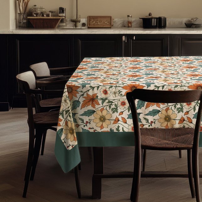 Nappe Chic automne terre cuite fleurs blanches pastel ve (Chic fall terracotta white flowers pastel green tablecloth)