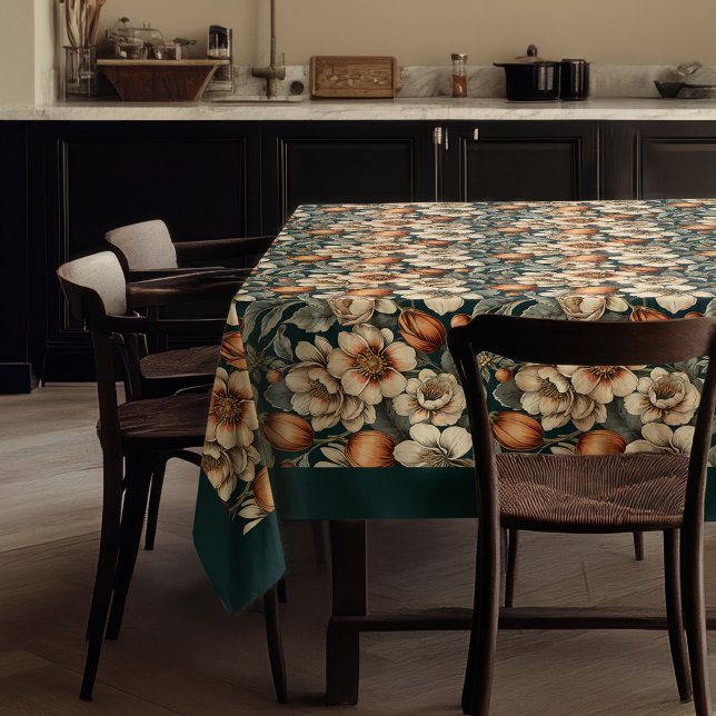 Nappe Chic automne terre cuite ivoire fleurs pastel bleu (Chic fall terracotta ivory flowers pastel blue tablecloth)