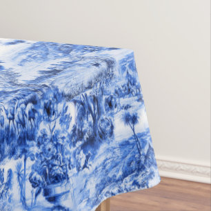 Nappe Chinoiserie toile, saule bleu, porcelaine bleue