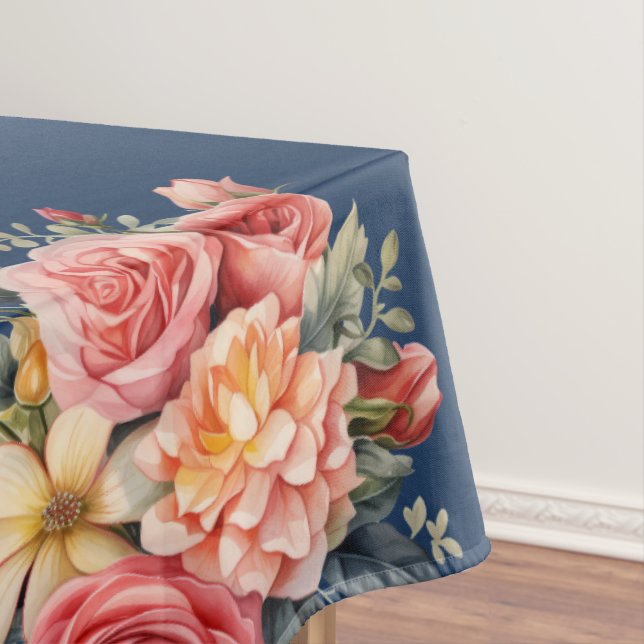 Nappe Classic Pink Roses on Blue Background Tablecloth (In Situ)