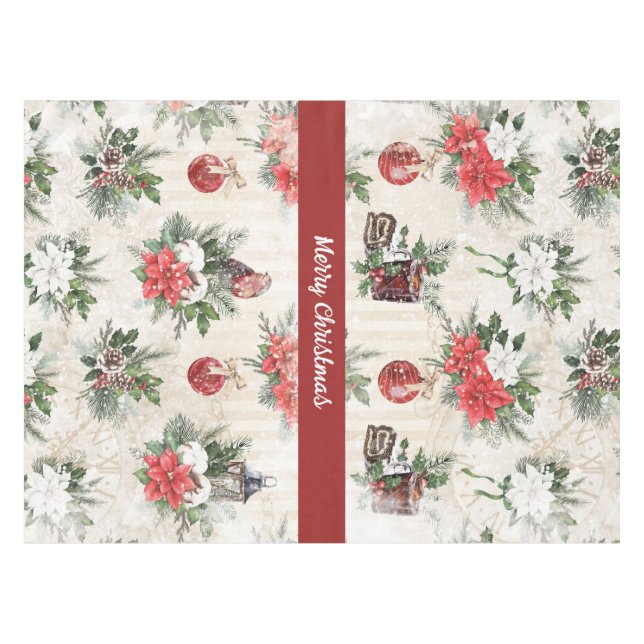 Nappe Coton poinsettia rouge et blanc de Noël classique (Devant (Horizontal))