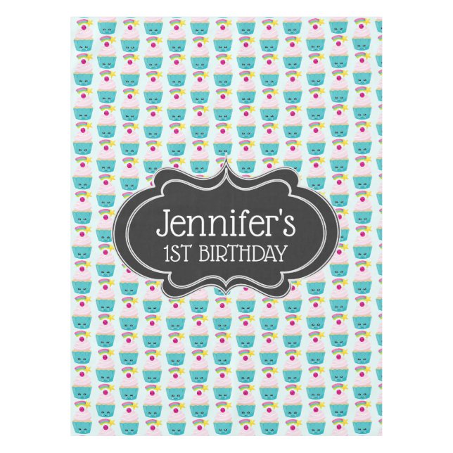 Nappe Cute Blue Cupcake avec Kawaii Face Anniversaire (Devant)
