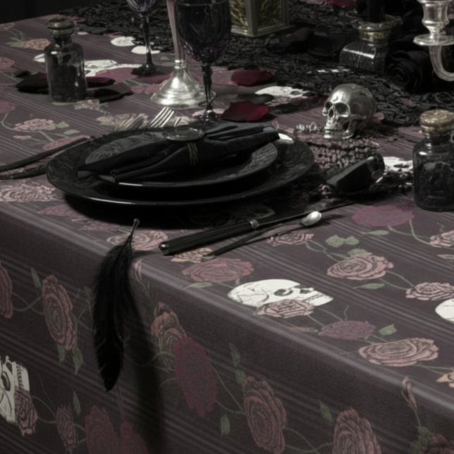 Nappe Dark Burgundy Gothic Skull & Rose Stripes (Gothic Darj Burgundy Moody Floral Tablecloth. Skull and Roses Pattern for Gothic Wedding & Halloween)