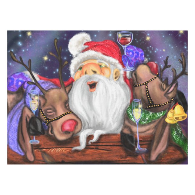 Nappe de Noël Père Noël avec Rennes Amusantes (Devant (Horizontal))