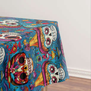 Nappe Dia de Muertos, motif de crânes de sucre bleu