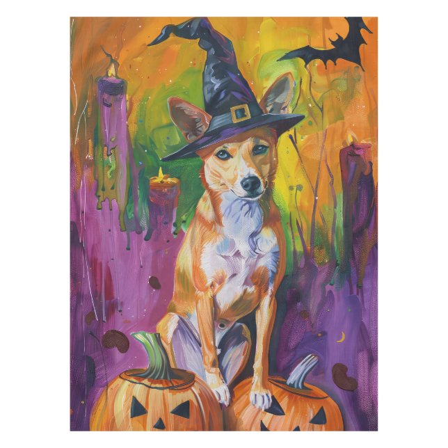 Nappe Éffrayant Basenji Halloween sorcière et Citrouille (Devant)