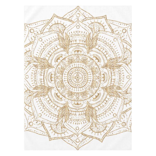Nappe Elégant blanc & or Mandala conception main dessiné (Devant)