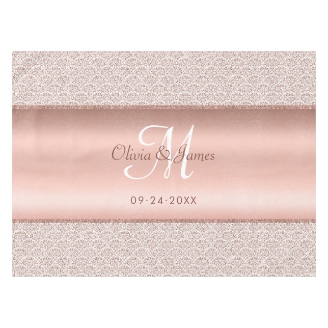 Nappe Élégant Rose Damask or Monogram Mariage (Devant (Horizontal))