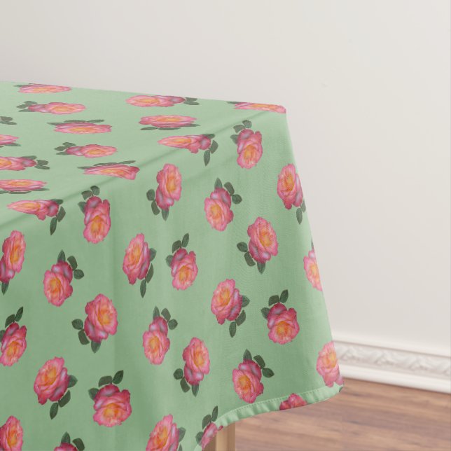 Nappe Fleurs de rose rose sur fond vert clair (In Situ)