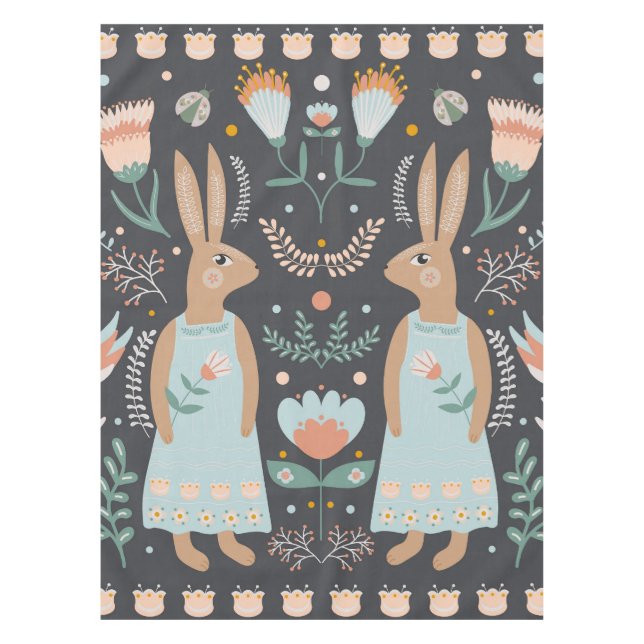 Nappe Fleurs et lapin de Pâques art populaire scandinave (Devant)