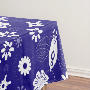 Nappe Fleurs et papillons bleu et blanc motif