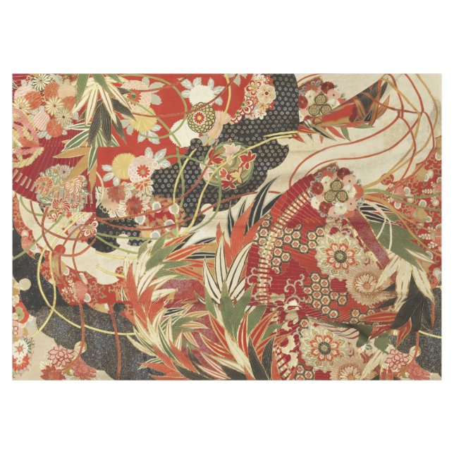 Nappe FLEURS JAPONAISES ANCIENNES Rouge Vert Noir Floral (Devant (Horizontal))
