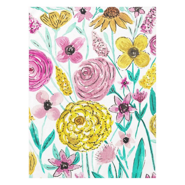 Nappe Fleurs Jaunes Rose d'été Motif d'aquarelle (Devant)