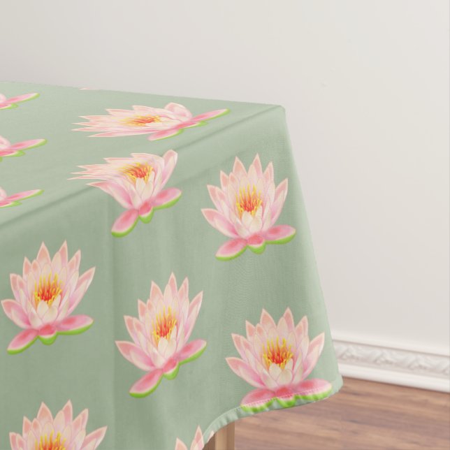 Nappe Fleurs Lys d'eau rose sur Laurel Green (In Situ)
