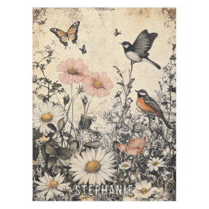 Nappe Fleurs, oiseaux et papillons sur papier vieilli (1