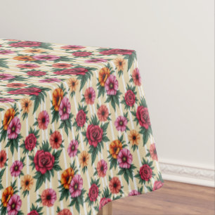 Nappe Fleurs roses rouges et or sur bandes tan