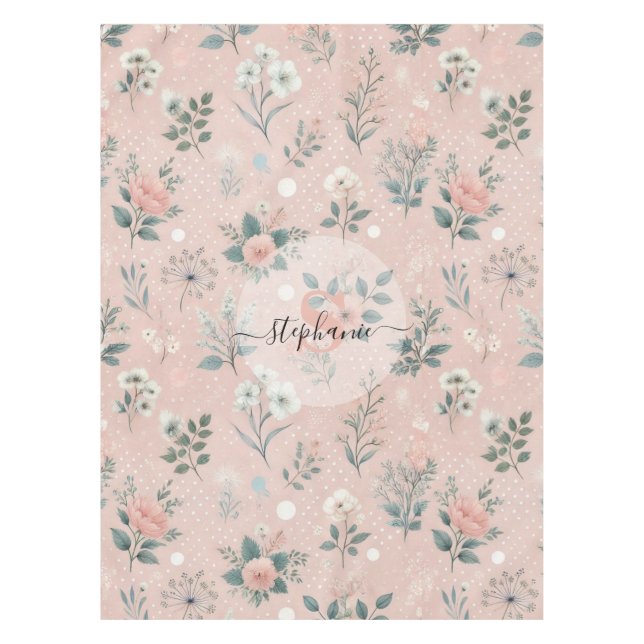 Nappe Floral rose rustique avec fleurs blanches et verdu (Devant)
