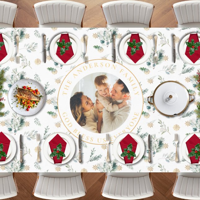 Nappe Gloire à Dieu Bible Verse Noël (Religious Christmas tablecloth with Glory to God Bible verse, family photo and winter greenery)