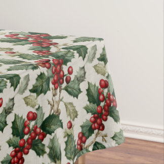 Nappe Holly Et Mistletoe Sur Faux Lin Hors Blanc