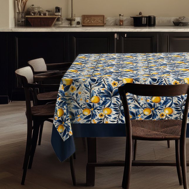 Nappe Mélons jaune méditerranéen bleu marine (Mediterranean vibrant yellow lemons navy blue tablecloth)