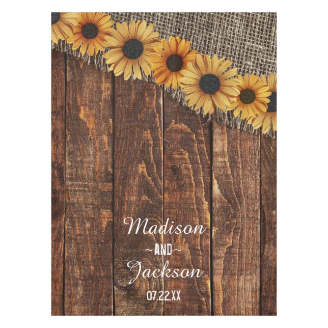 Nappe Monogramme Mariage de tournesol en bois rustique e (Devant)
