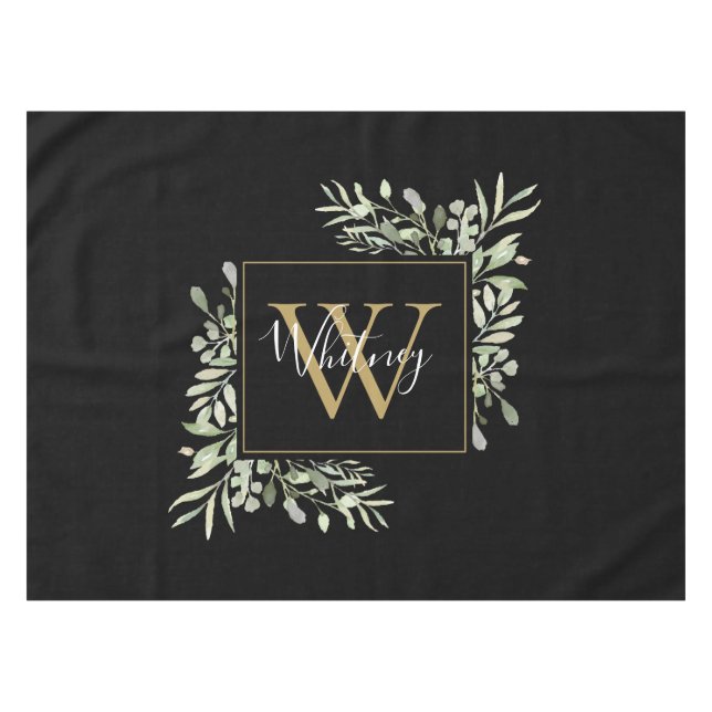 Nappe Monogramme personnalisé en or noir avec verdure  (Devant (Horizontal))