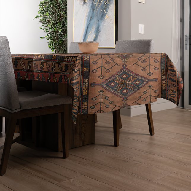 Nappe Motif de tapis géométrique persan Brown (A modern table is covered with an antique brown Persian rug style tablecloth.)