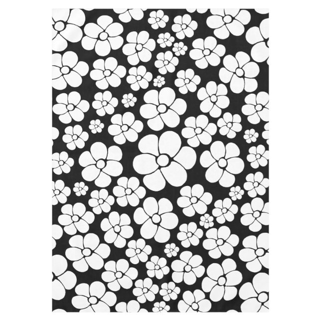 Nappe Motif Fleur rétro en blanc sur noir (Devant)