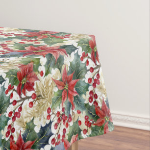 Nappe Noël motif aquarelle poinsettia et houx