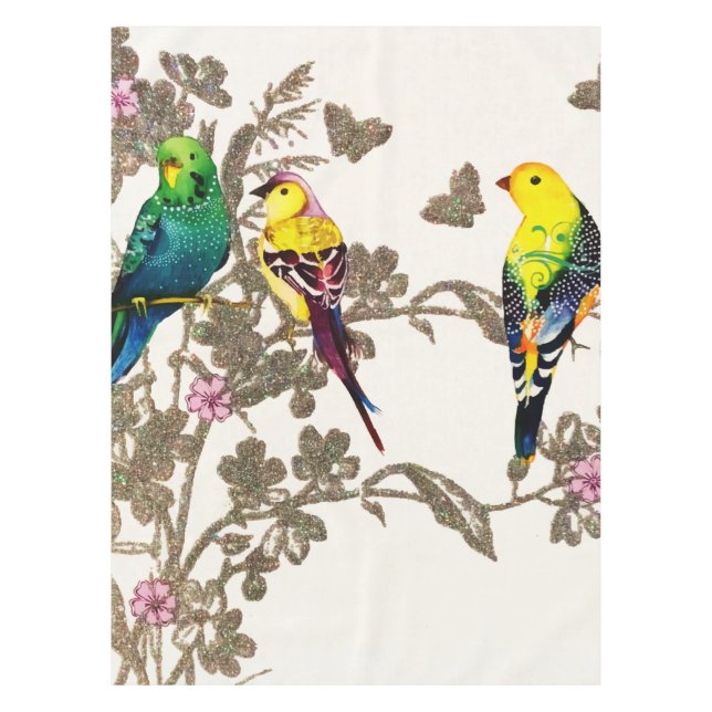 Nappe Oiseaux verts Aquarelle florale Parties scintillan (Devant)