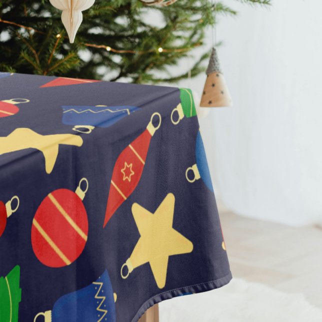 Nappe Ornements vintage de Noël (Navy blue retro Christmas tablecloth with vintage red, blue, gold and green Christmas ornaments)