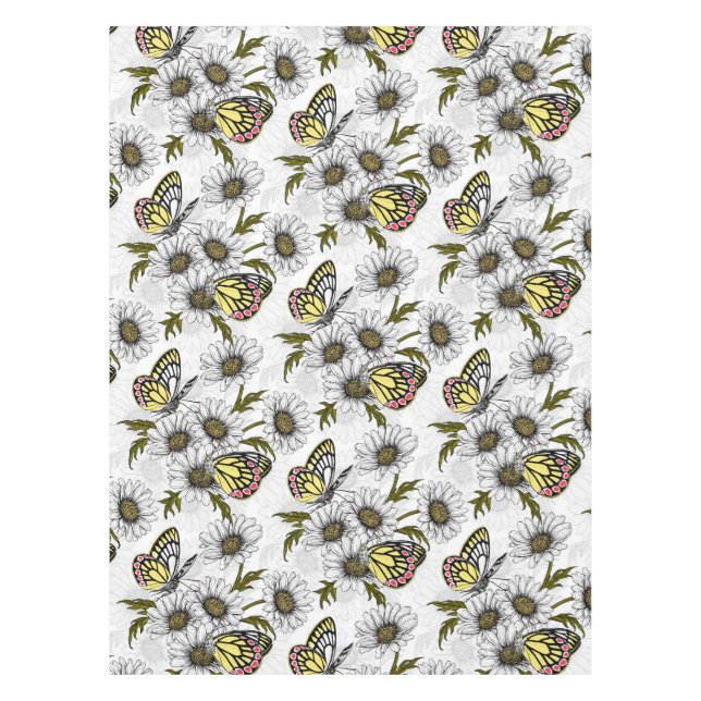 Nappe Papillons Jézabel et fleurs marguerites sur blanc (Devant)