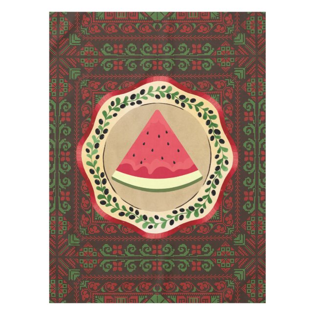 Nappe pastèque sur plaque d'olive avec tatreez palestini (Devant)