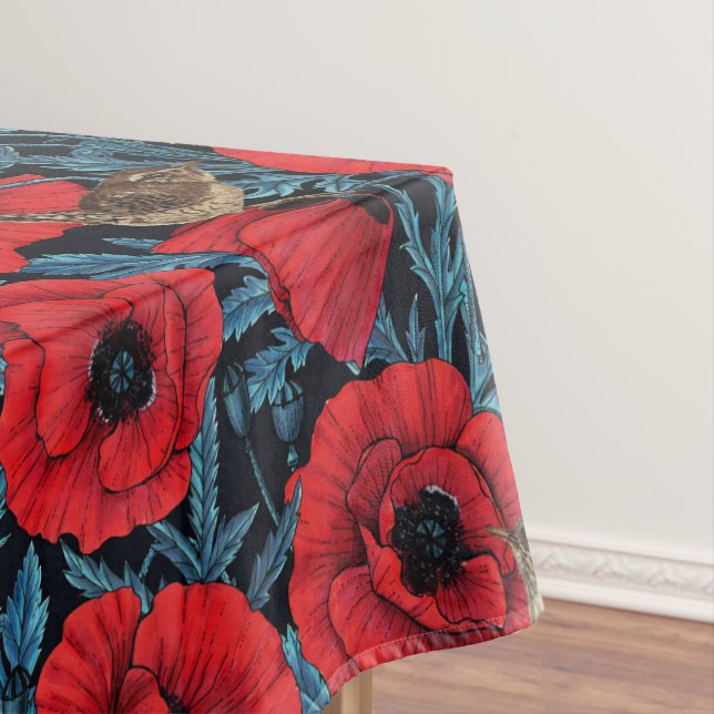Nappe Pavot rouge et brunes, feuilles bleus sur noir (In Situ)