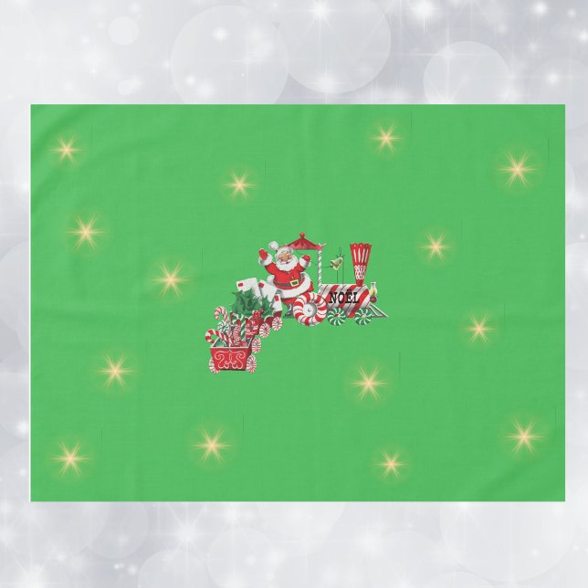 Nappe Père Noël sur le train de Noël Sucres de canne Éto (Santa riding Christmas train letters, candy canes, gold twinkle stars on green holiday tablecloth.)
