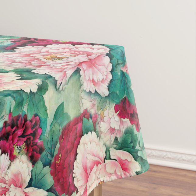 Nappe Pies roses rouges et Motif Feuille vert (In Situ)