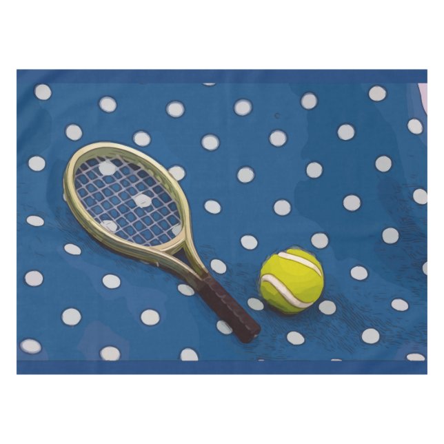 Nappe Racket de tennis et ballon sur bleu pois blanc (Devant (Horizontal))