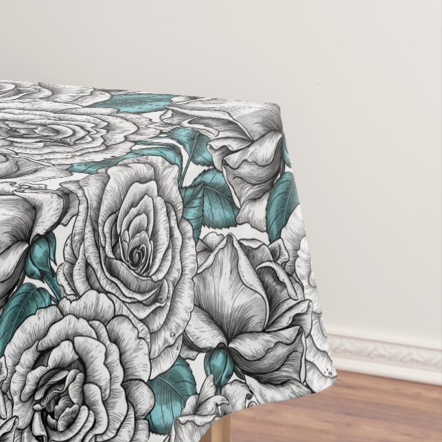 Nappe Roses blanches avec feuilles bleus (In Situ)
