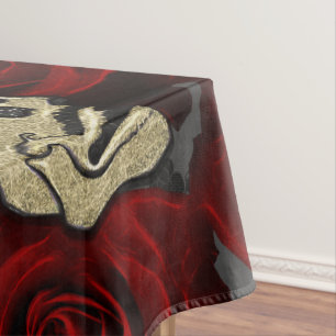 Nappe Roses Rouges & Crânes Floral Gothique Gris Noir