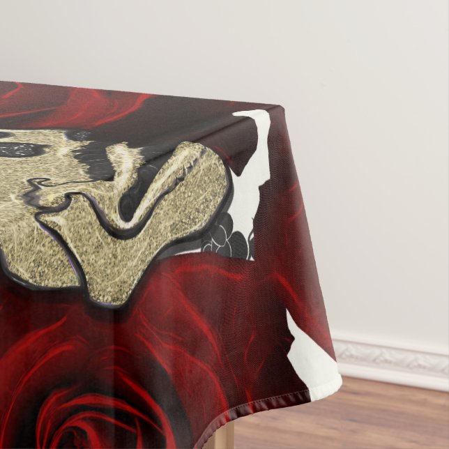 Nappe Roses Rouges & Crânes Floral Noir Gothique Blanc (In Situ)