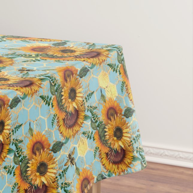 Nappe Sunflower Motif Gold Honeypeb Bees Aqua (In Situ)